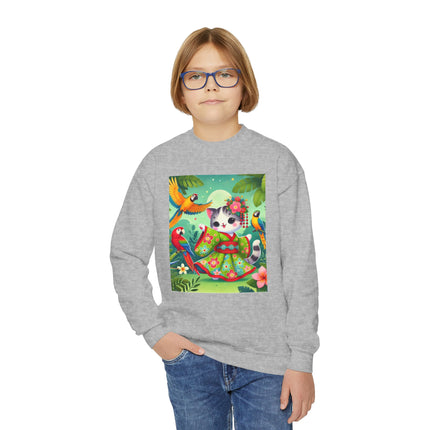 Parrot Dance of the Geisha Kitten Youth Crewneck Sweatshirt – Color, Rhythm & Joyful Expression