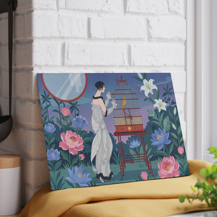 🐦🌸 The Lady Of The Golden Songbird Glass Cutting Board – Art Deco Floral Garden Elegance