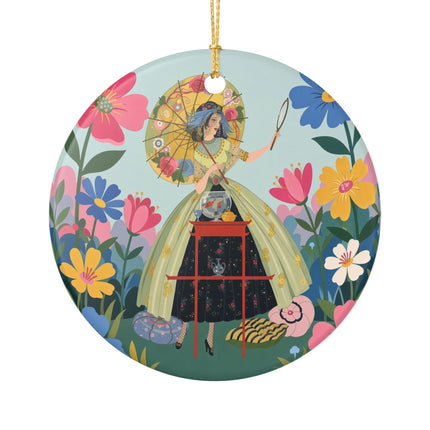 🌸🪞 The Floral Parasol Reflection Ceramic Ornament – Art Deco Garden Fantasy