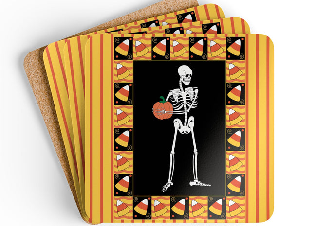 Candy Corn Skeleton Corkwood Coaster Set