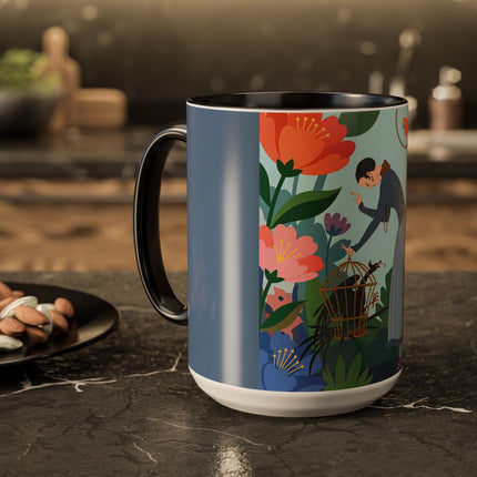 The Lady And The Mysterious Bird Colorful Mugs – Art Deco Botanical Mystery
