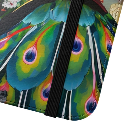 🦚🌸 Techno Plumes Peacock Flip Case – Neon Elegance & Sakura Dreams