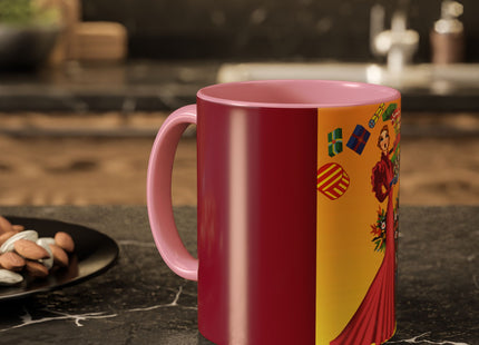 Elegant Holiday Woman with Gifts Colorful Mugs (11oz, 15oz)