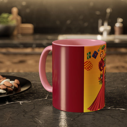 Elegant Holiday Woman with Gifts Colorful Mugs (11oz, 15oz)