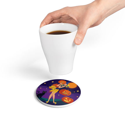 🎃🌙 Moonlit Pumpkin Masquerade Ceramic Coaster – Whimsical Halloween Charm
