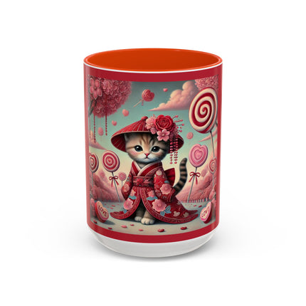 Whimsical Geisha Kitten in a Valentine Garden Colorful Mugs (11oz, 15oz)