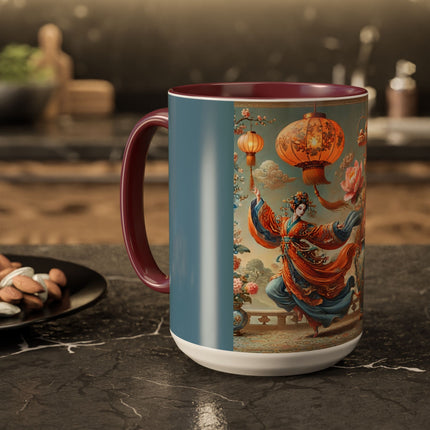 Golden Dragon & Lantern Lady Colorful Mug – Imperial Dragon & Elegant Harmony