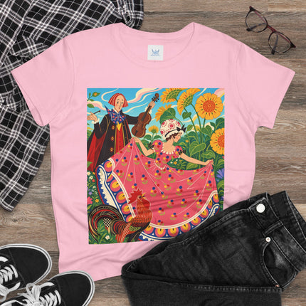 🎻🐓 The Garden Serenade Cotton Tee – Art Deco Folk Whimsy