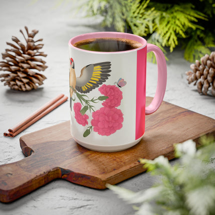 Goldfinch & Pink Flowers Colorful Mugs – Vibrant Spring & Bold Beauty