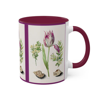 Tulip, Branches of Myrtle and Shells by Maria Sibylla Merian Colorful Mugs, 11oz