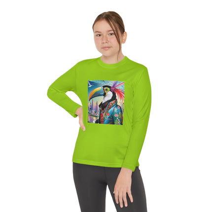 Cyber Toucan Chic Youth Long Sleeve Competitor Tee – Neon Feathers & Futuristic Style