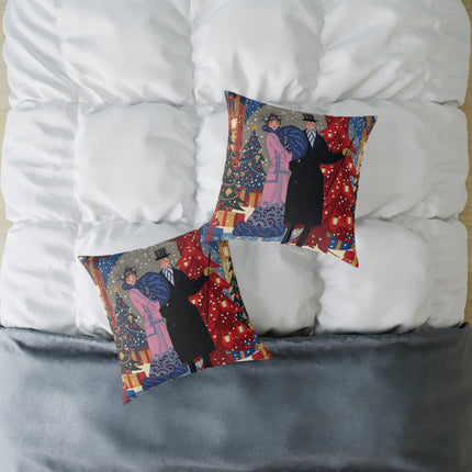 🎄✨ Christmas Eve Promenade Square Pillow – Art Deco Holiday Romance