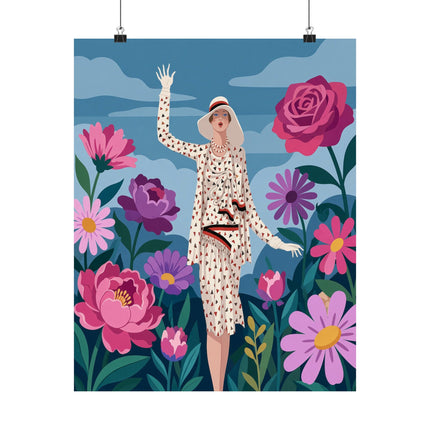 🌸👒 The Lady Of The Grand Flower Garden Matte Vertical Poster – Art Deco Fashion Illustration