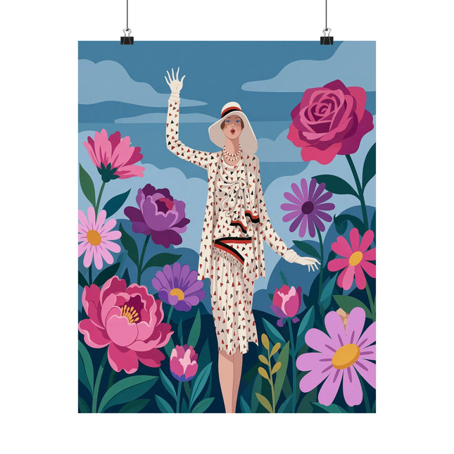 🌸👒 The Lady Of The Grand Flower Garden Matte Vertical Poster – Art Deco Fashion Illustration