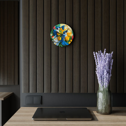 Blue Jays in a Spring Garden Acrylic Wall Clock, Round and Square