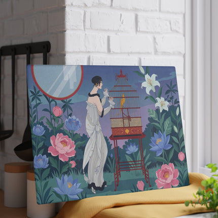 🐦🌸 The Lady Of The Golden Songbird Glass Cutting Board – Art Deco Floral Garden Elegance