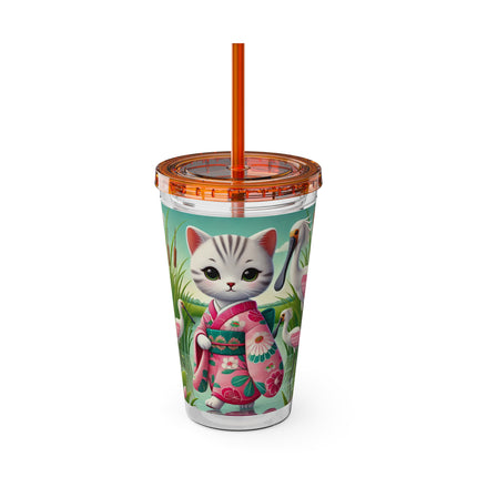 Geisha Kitten Strolls Among the Spoonbills Sunsplash Tumbler with Straw, 16oz