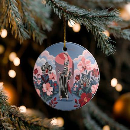 🌸🖤 The Striped Orchid Promenade Ceramic Ornament – Art Deco Floral Fashion