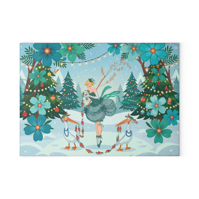 🪶🎄 The Lady Of The Christmas Bird Garden Glass Cutting Board – Art Deco Holiday Fantasy