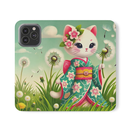 🌾🌼 Geisha Kitten and the Dandelion Wish Flip Case – Gentle Wishes & Quiet Wonder