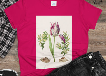 Tulip flower with Two Branches of Myrtle and Shells Cotton Tee