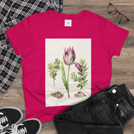 Tulip flower with Two Branches of Myrtle and Shells Cotton Tee