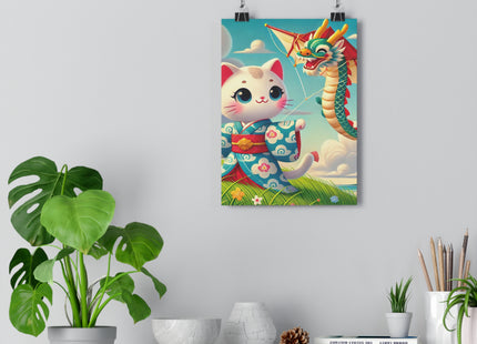 Geisha Kitten and the Dragon Kite Giclée Art Print