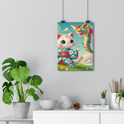 Geisha Kitten and the Dragon Kite Giclée Art Print