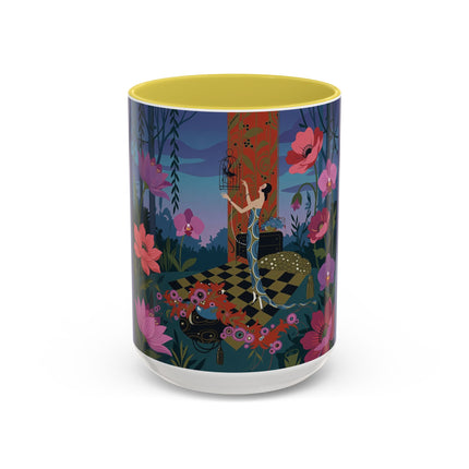 The Lady And The Midnight Birdcage Colorful Mugs – Art Deco Botanical Elegance