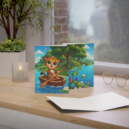 🐆🚣 The Little Leopard’s Riverboat Greeting Card – Whimsical Animal Adventure