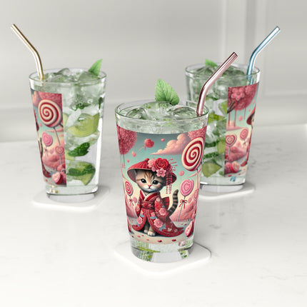 Whimsical Geisha Kitten in a Valentine Garden Glass, 16oz