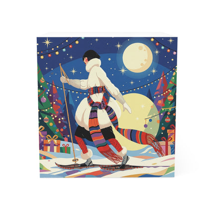 🌙🎿 The Moonlit Christmas Skier Note Cube – Art Deco Holiday Adventure