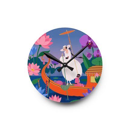 🪷🚣 The Lady Of The Lotus Lake Acrylic Wall Clock – Art Deco Botanical Fantasy
