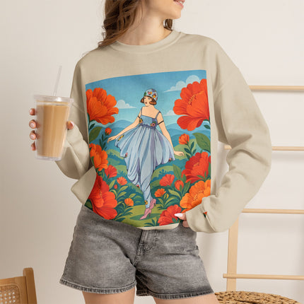 🌺🩵 The Poppy Hill Promenade Crewneck Sweatshirt – Art Deco Fashion Whimsy