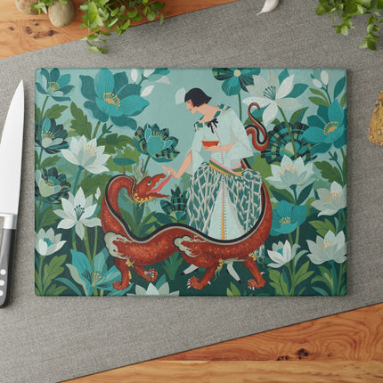 🐉🌿 The Lady And The Crimson Dragon Glass Cutting Board – Art Deco Garden Fantasy