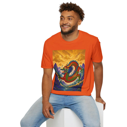 🐉🌄 The Golden Sky Dragon Softstyle T-Shirt – Mystical Mountain Fantasy