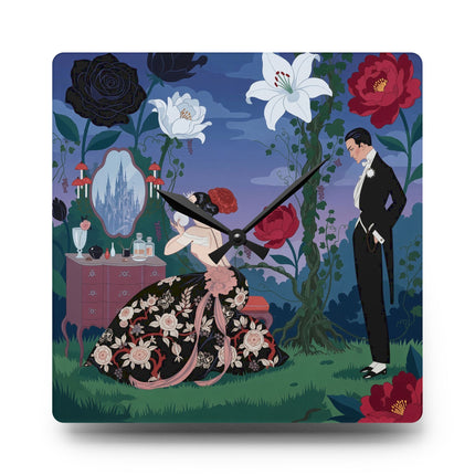 🌹🪞 The Lady Of The Midnight Garden Vanity Acrylic Wall Clock – Art Deco Floral Romance