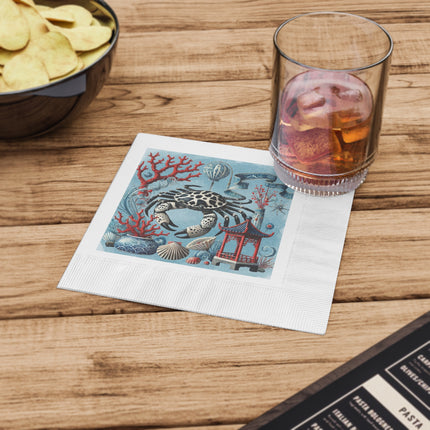 Spotted Crab & Pagoda White Coined Napkins – Mystical Ocean & Asian Harmony