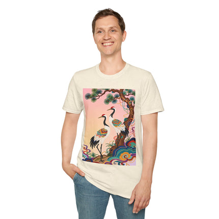 🐦🌸 The Enchanted Crane Garden Softstyle T-Shirt – Oriental Elegance & Colorful Harmony