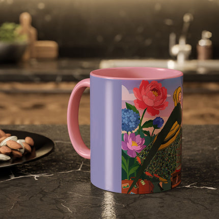 The Lady And The Crimson Birdcage Colorful Mugs – Art Deco Tropical Garden Elegance