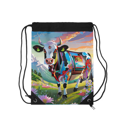 Cyber Glitch Cow Drawstring Bag