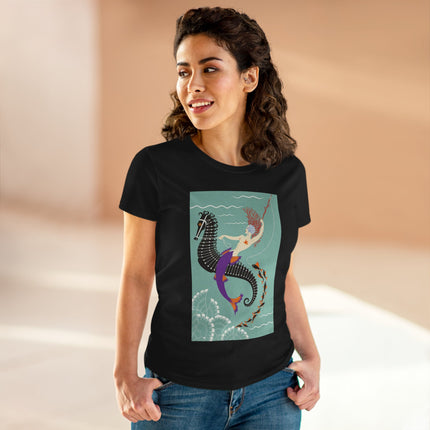 Mermaid on Seahorse Women's Midweight Cotton Tee – Dreamy Ocean Fantasy