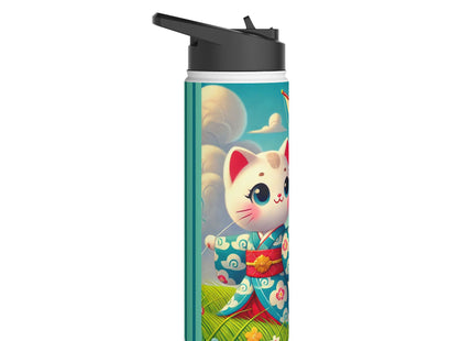 Geisha Kitten and the Dragon Kite Stainless Steel Water Bottle, Standard Lid