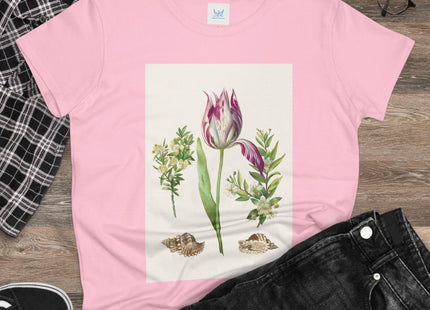 Tulip flower with Two Branches of Myrtle and Shells Cotton Tee