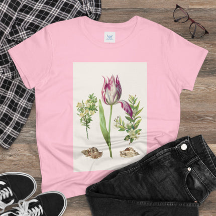Tulip flower with Two Branches of Myrtle and Shells Cotton Tee