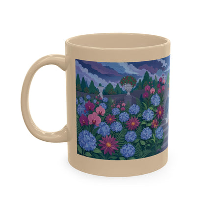 🦚🌸 The Lady & The Peacock On The Garden Steps Ceramic Mug – Art Deco Garden Elegance