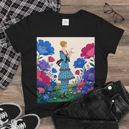 🐇🌺 The Little Rabbit Garden Cotton Tee – Art Deco Floral Whimsy