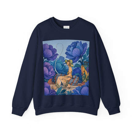 💙🌸 The Lady Among The Blue Blossoms Crewneck Sweatshirt – Art Deco Floral Reverie