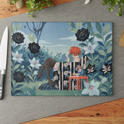 📚🌹 The Red-Haired Reader Glass Cutting Board – Art Deco Floral Garden