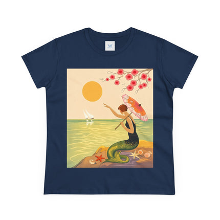 🧜‍♀️🌸 The Mermaid Beneath The Blossoms Cotton Tee – Art Deco Seaside Fantasy